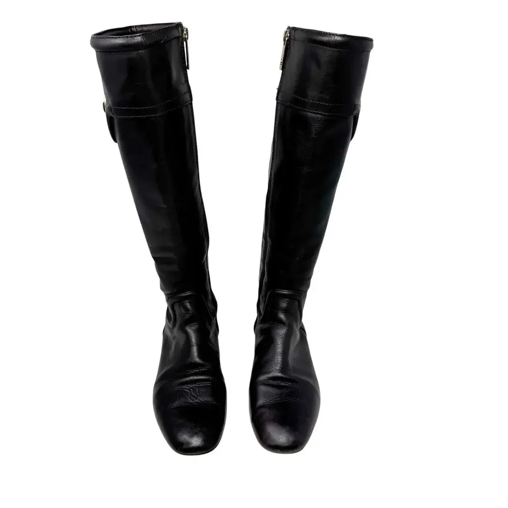 Tory Burch Selma Black Leather Knee High Riding Boots Gold Logo Women’s Size 7